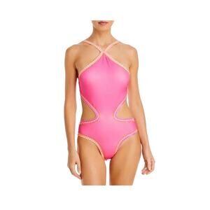 NWT PQ Swim Crochet Trim High Neck One Piece Pink Orange White Size Small